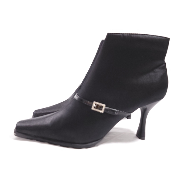NEW Satin Lotus Black Pointed Toe Ankle Boot Bootie Rhinestone Buckle Sz 7.5 - Picture 1 of 10
